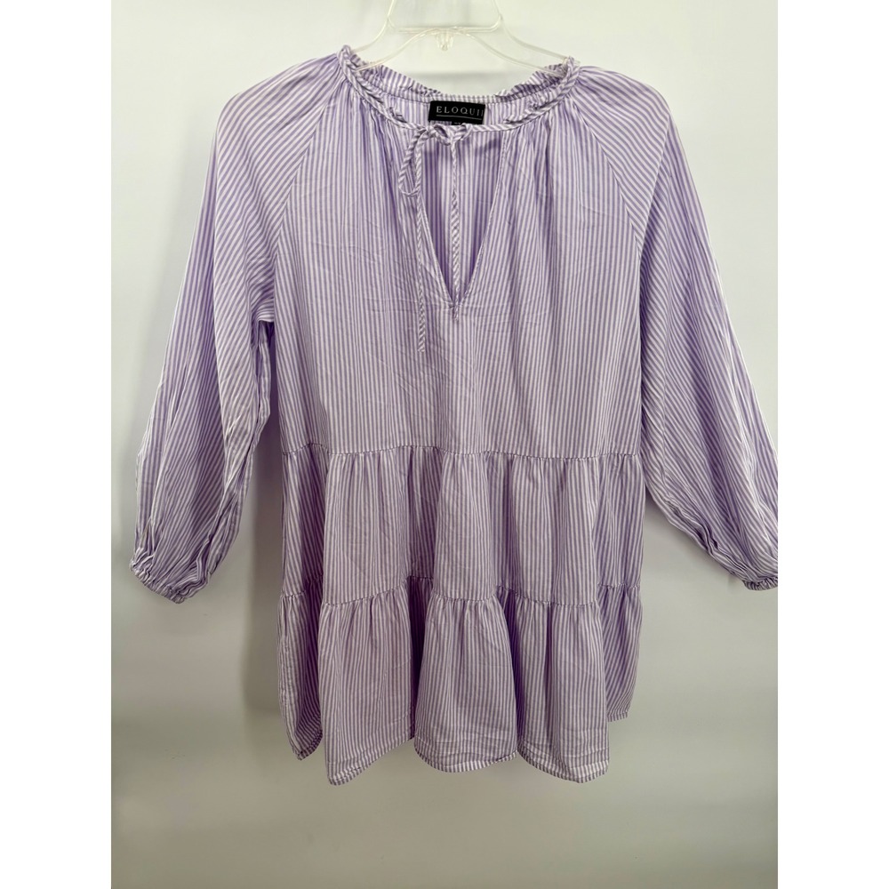 Eloquii Tunic Peasant Top Lavender Striped Tiered Cotton Babydoll Blouse 14/16